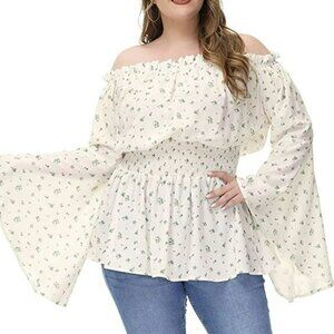 HANNA nikole plus size blouse off shoulder trumpet sleeve peasant top floral